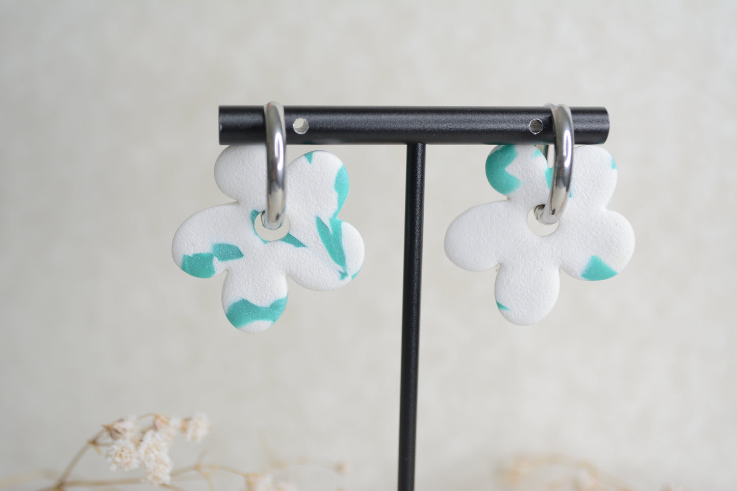 White & Blue flower earring hoops.