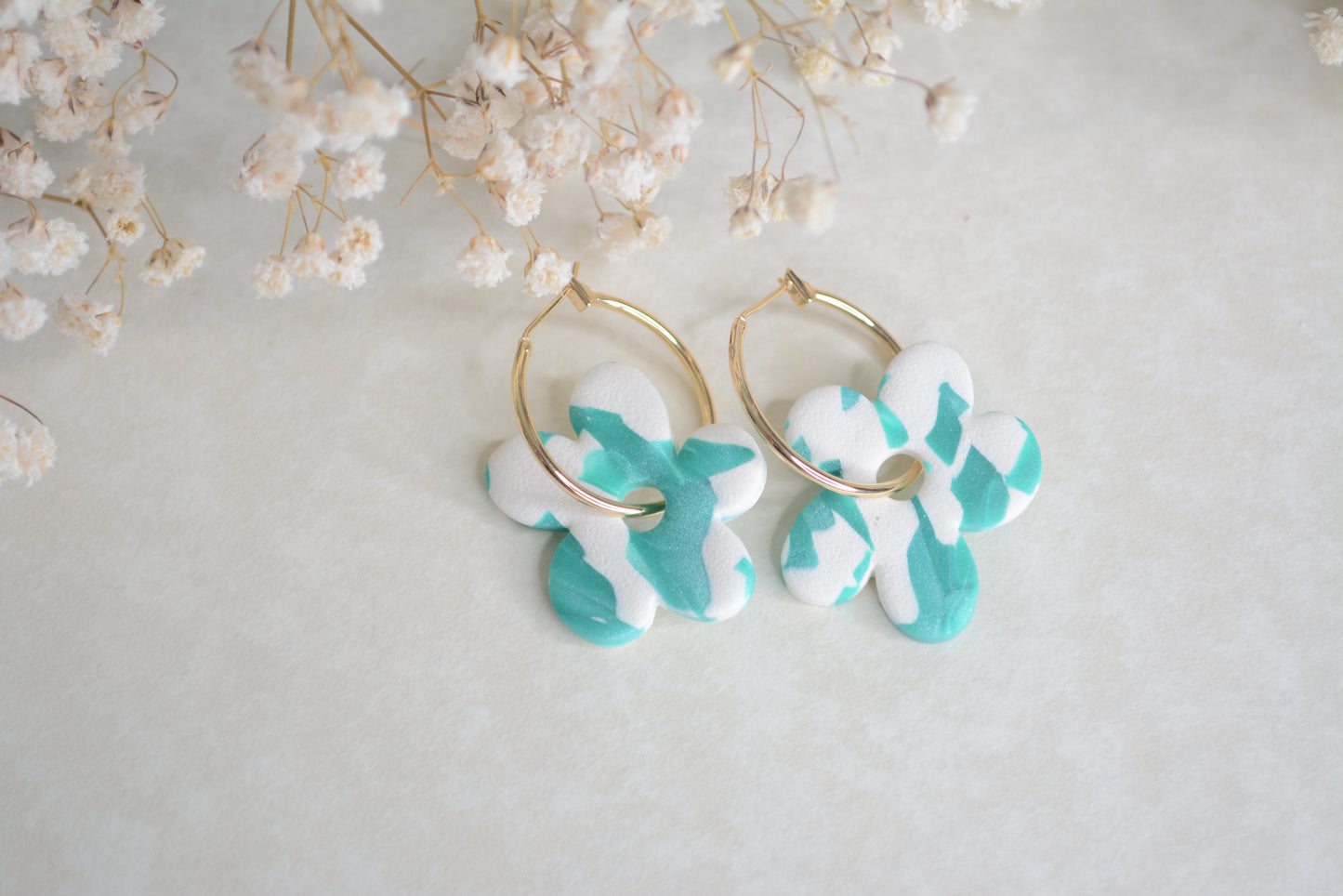 White & Blue flower earring hoops.