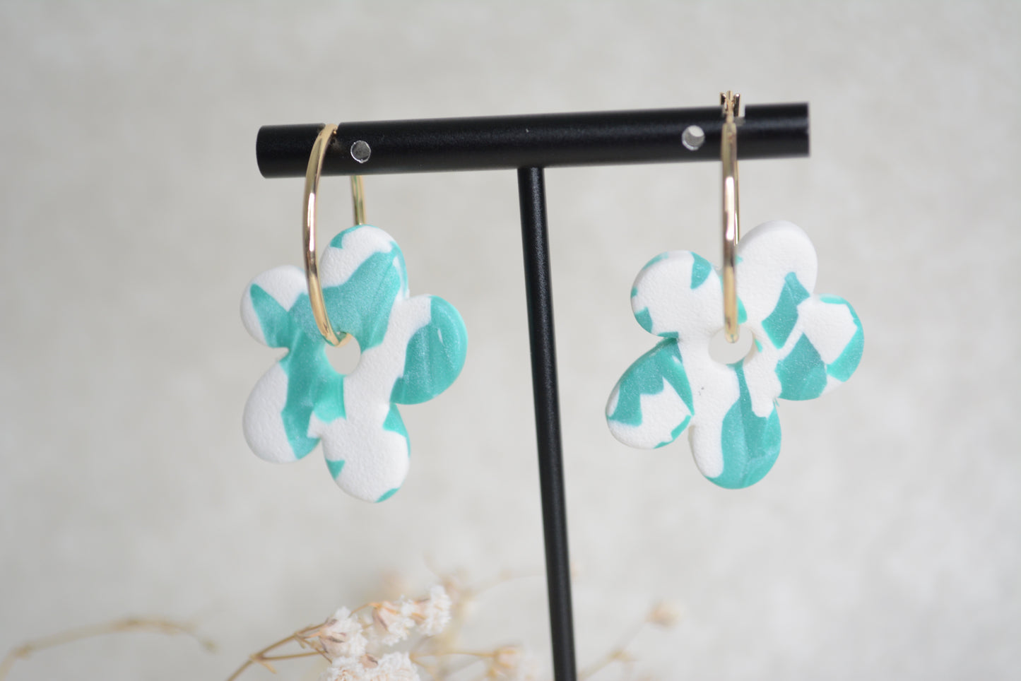 White & Blue flower earring hoops.