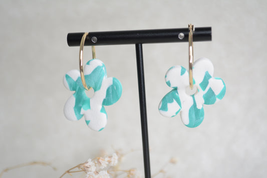 White & Blue flower earring hoops.