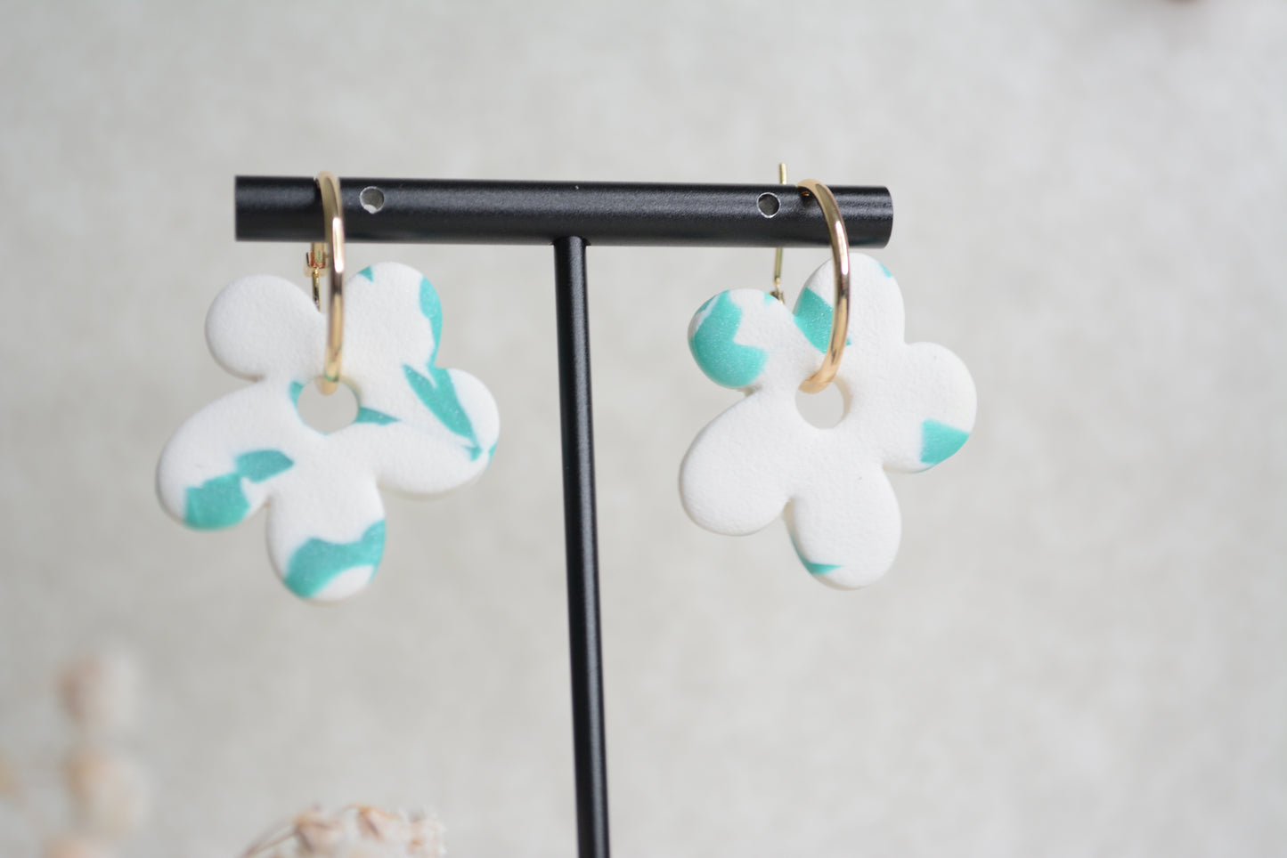 White & Blue flower earring hoops.