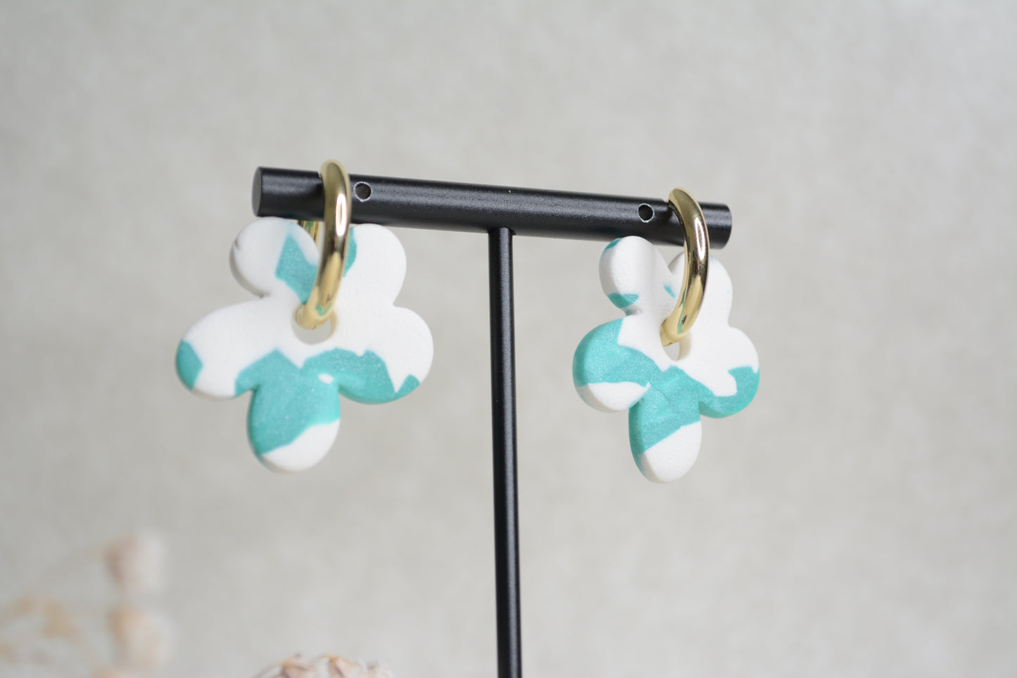 White & Blue flower earring hoops.