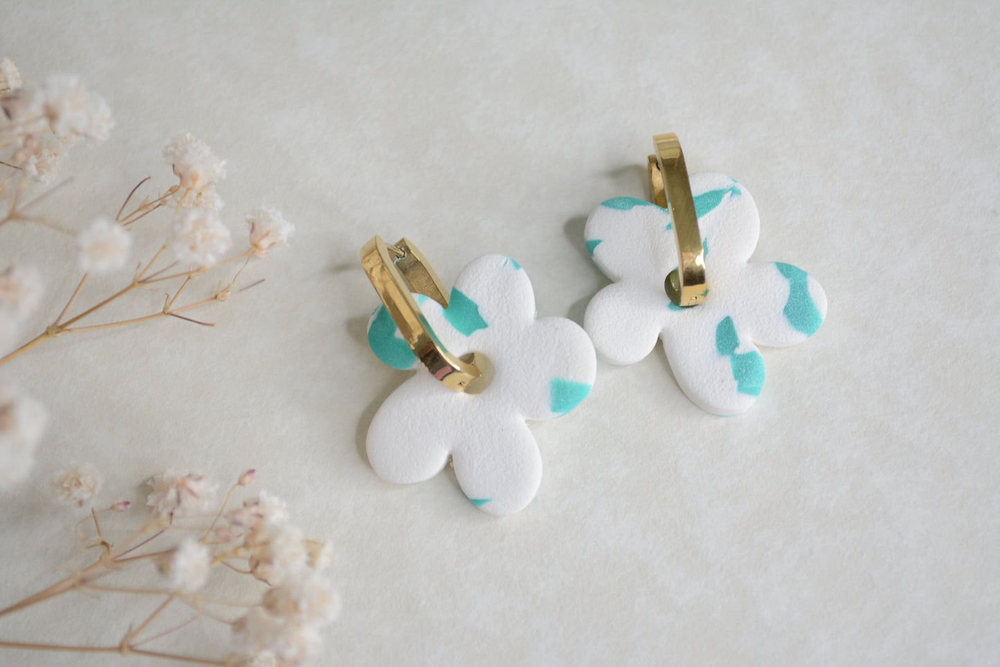 White & Blue flower earring hoops.