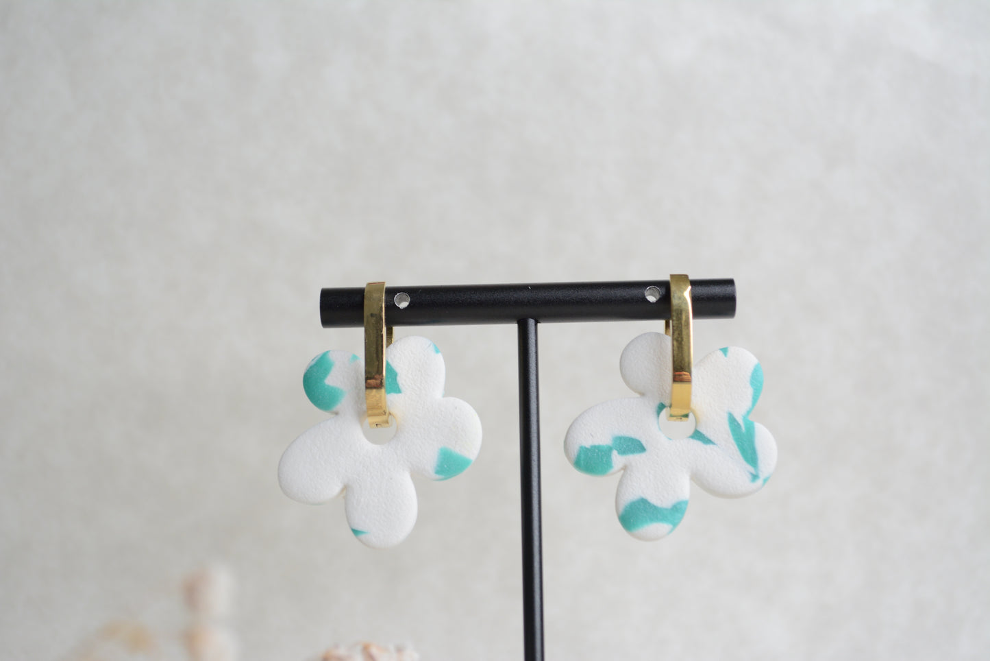 White & Blue flower earring hoops.