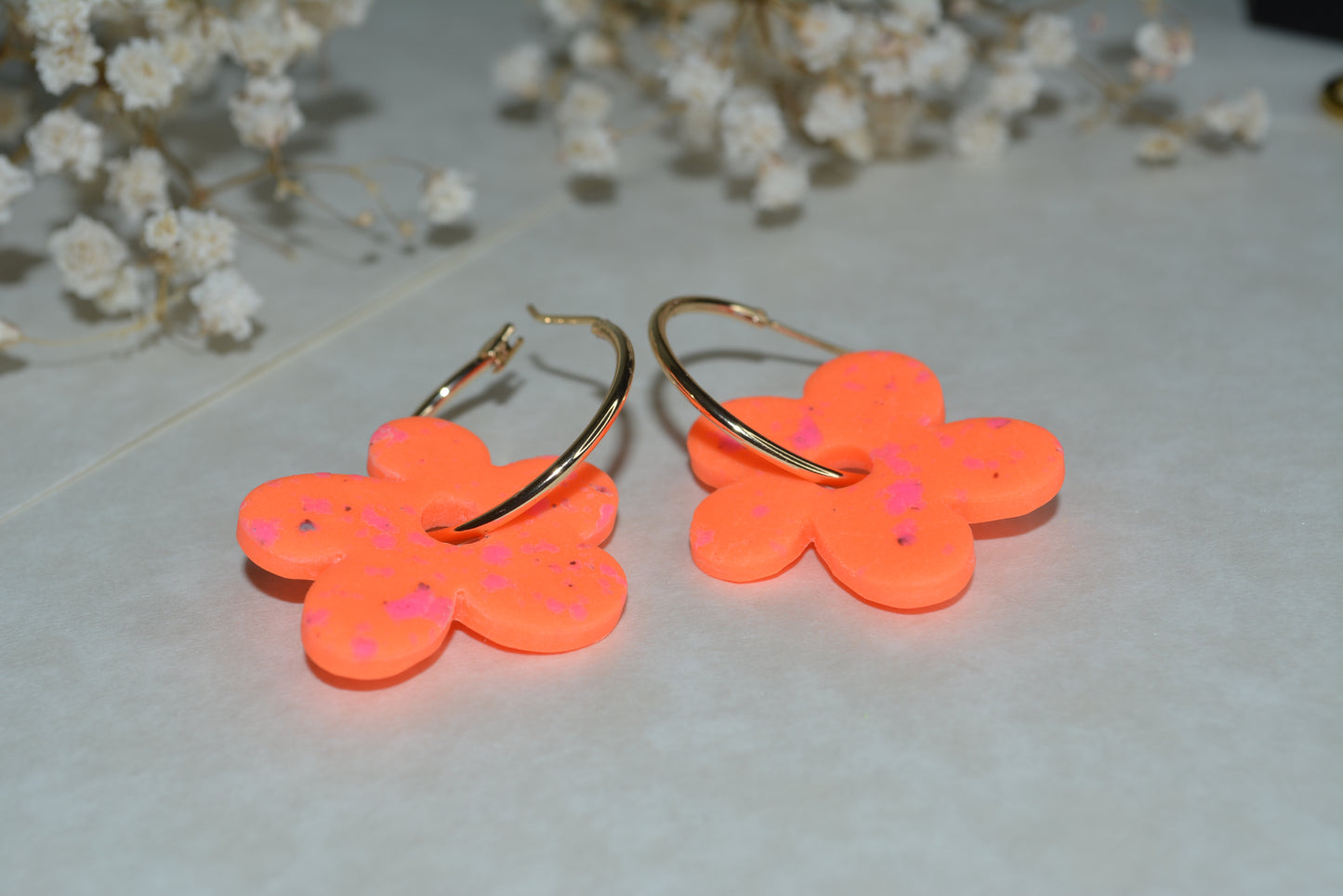 neon orange flower hoops