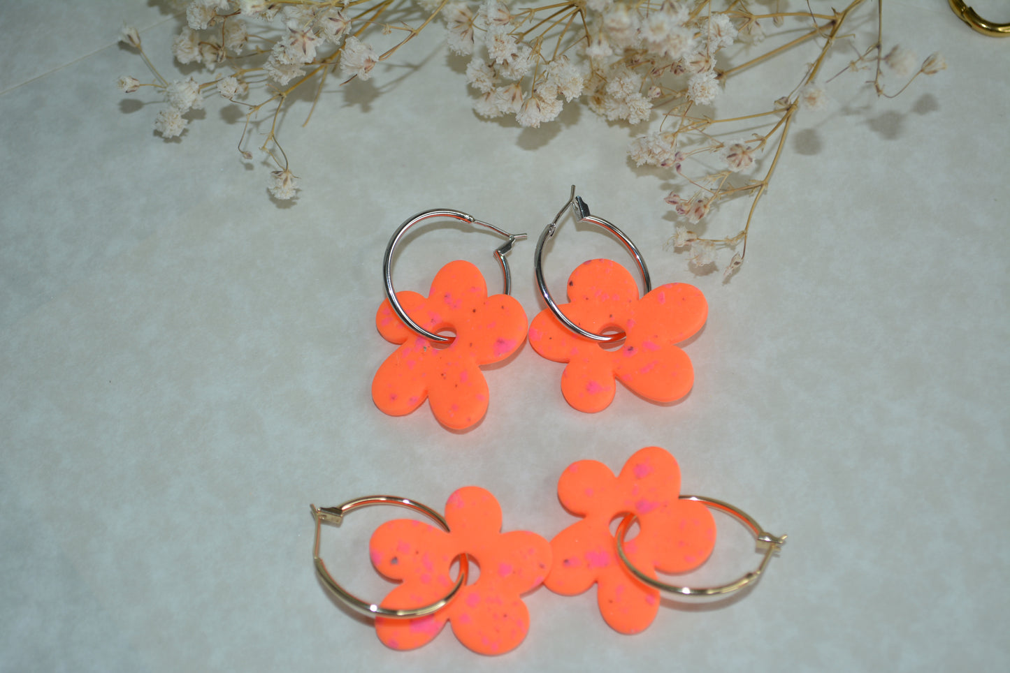 neon orange flower hoops