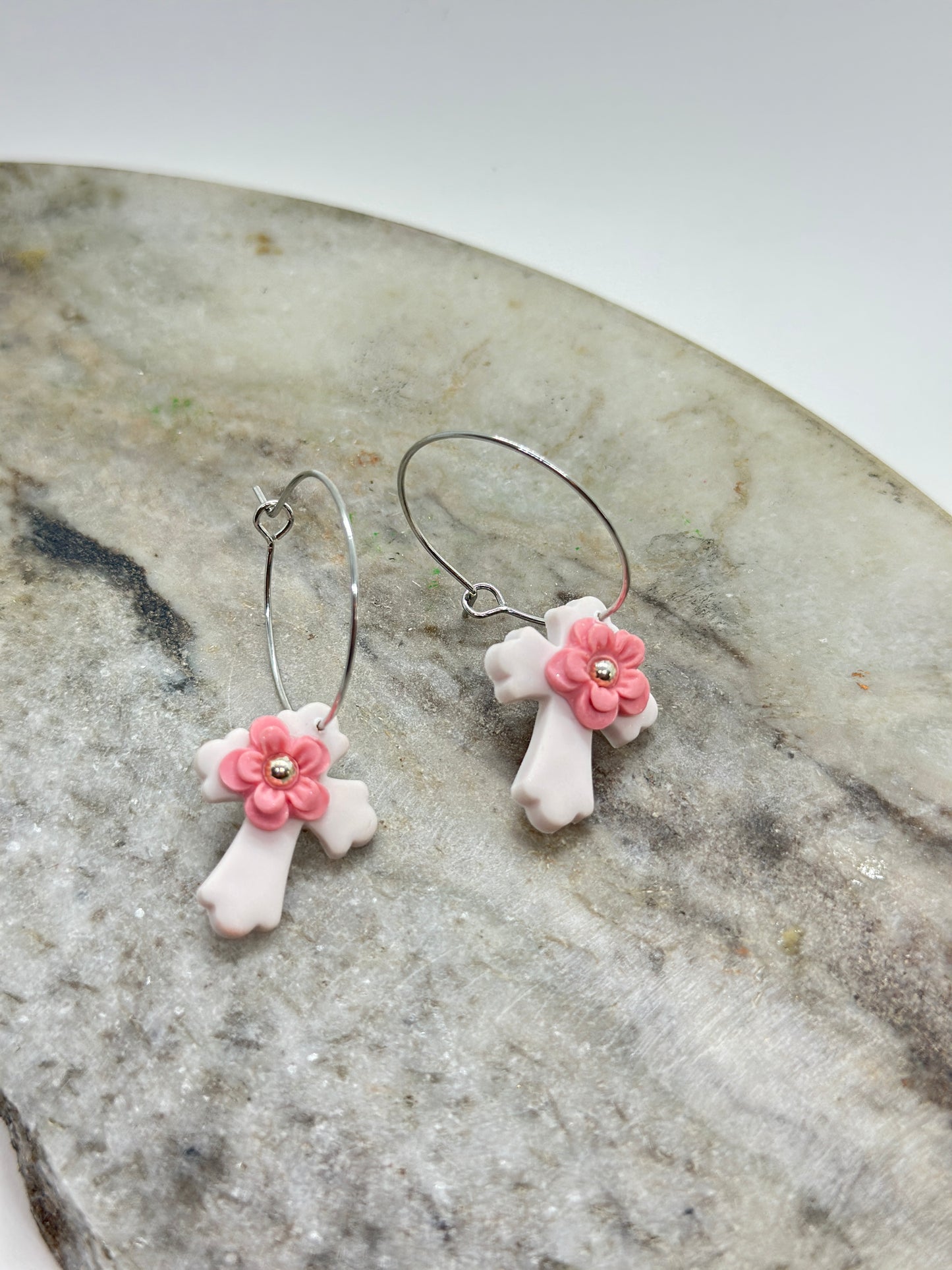 White Cross Polymer Clay Earrings