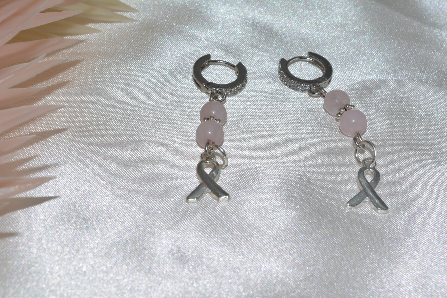 Silver and pink ribbon Breast Cancer awareness month earrings