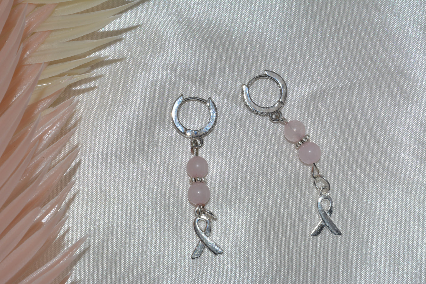Silver and pink ribbon Breast Cancer awareness month earrings